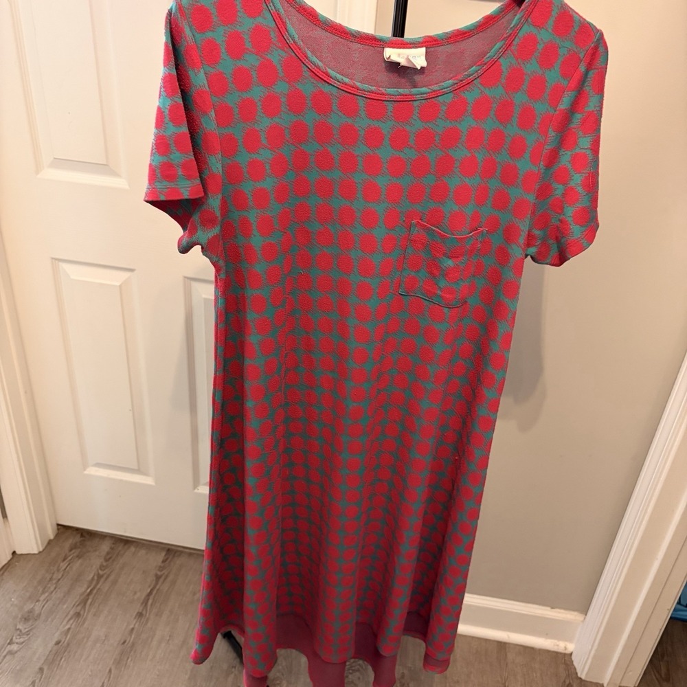LuLaRoe Carly Swing Dress Med Pink Teal Polka Dot High Low Casual Grandmacore‎